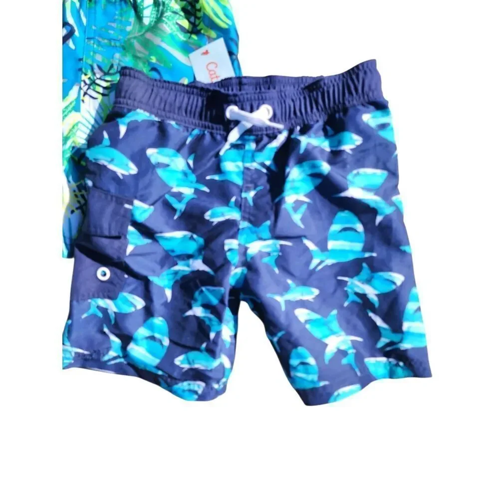 Cat & Jack Swim Trunks Lot of 2 Shorts Mesh Lined Sharks Striped Boys XS 4/5